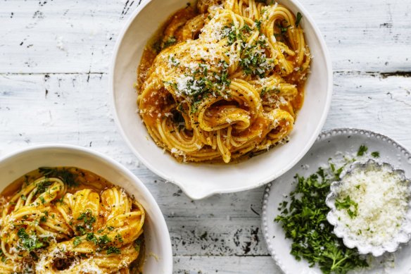 Adam Liaw’s roasted carrot and tomato spaghetti 