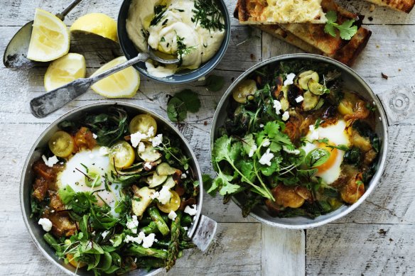 Green shakshuka with hummus.