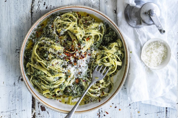 
Keep spinach in the freezer for stand-by meals like this spinach and walnut pesto pasta.