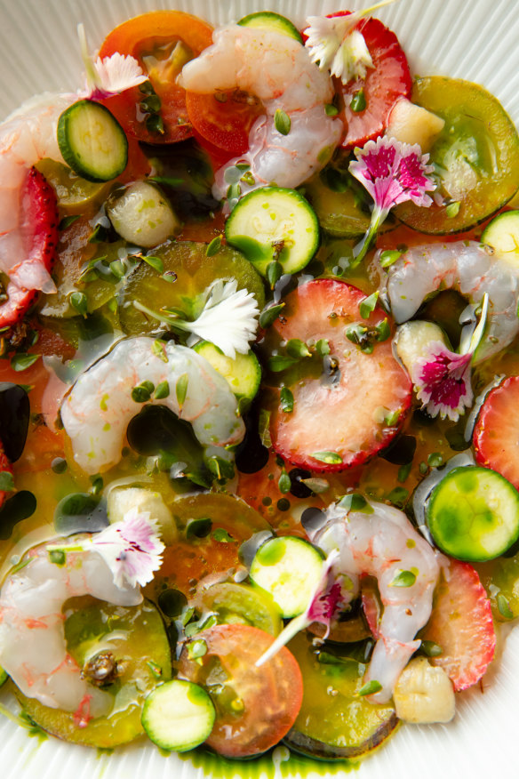Tomato prawn crudo with king prawn and oyster, tomato, strawberry, lemon aspen and green ants.