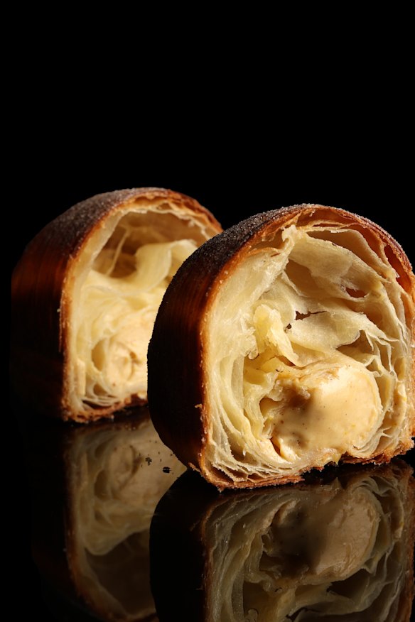 Morning bun filled with orange and vanilla bean Catalana cream.