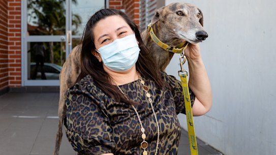 Jayda and her son Liam and rescue dog Wombat.