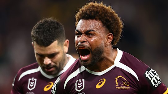 Ezra Mam celebrates Billy Walters’ try against the Eels.