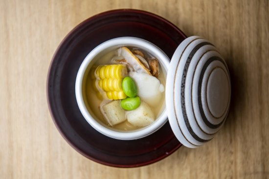 Chawanmushi with scallop, sweet corn and edamame at Kuon Omakase.