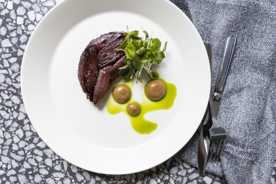 Shallot tarte tatin showcases Patsy’s classical approach to vegetarian cooking.