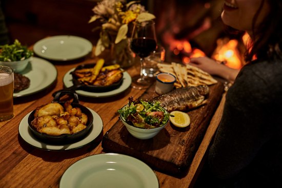 The firelit dining at Tanswell’s Hotel, Beechworth.