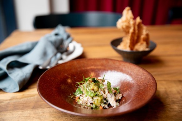Spanner crab with puffed prawn tapioca. 