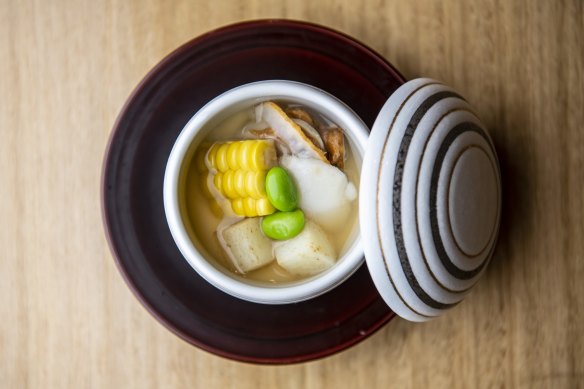 Chawanmushi with scallop, sweet corn and edamame at Kuon Omakase.