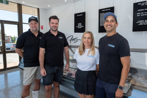 John Cordin and Asher Flynn (of Fins) with Venn’s Ash Kenworthy and Matt Kenworthy, at Fins’ pop-up shop at Bicton Central.