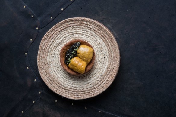 Raw long-spined sea urchin tart on one of the restaurant’s distinctive kangaroo leather tables.