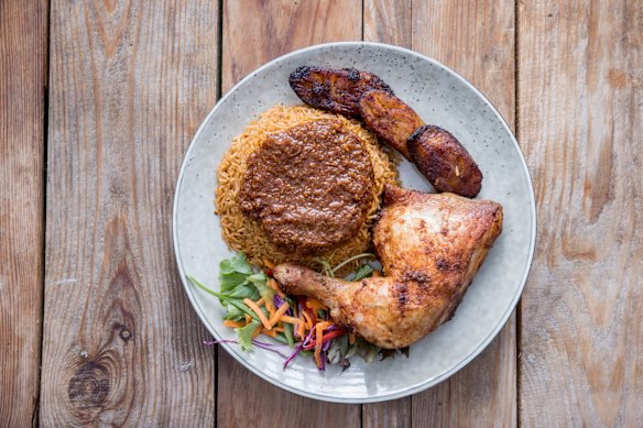 Jollof rice with chicken at Vola Foods.