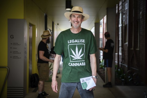 David Ettershank, Legalise Cannibis Victoria candidate for Footscray, at Footscray High School on Victorian Election Day.