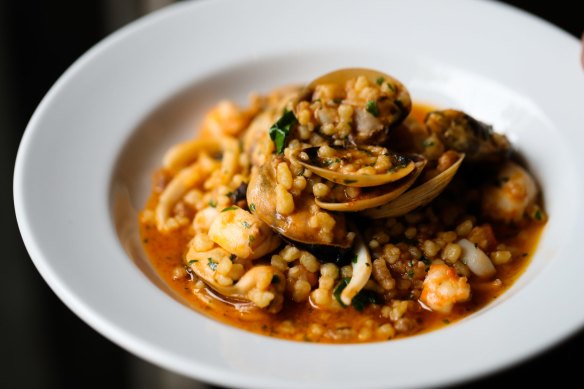 Good Food. Terry Durrack review at Bar Vincent in Darlinghurst. Fregola, prawn, cuttlefish, vongole, mussels. Taken on 17th Jan 2020. Photo: Edwina Pickles.