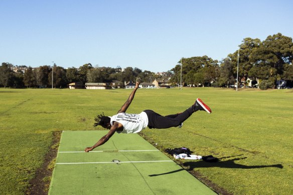 Howzat? Dancer and choreographer Lucky Lartey at a  cricket pitch at Beaman Park in Earlwood. 