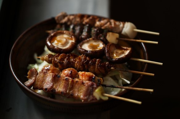 The Chaco six – assorted skewers of chicken crackling, thigh and heart, shiitake, pork belly and lamb shoulder.