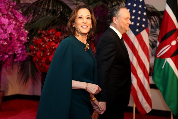 US Vice President Kamala Harris, left, and her husband, Second Gentleman Doug Emhoff, arrive at a state dinner in honour of Kenyan President William Ruto in Washington last Thursday.