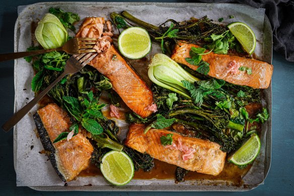Miso and ginger salmon tray bake.