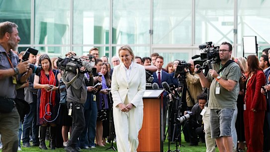 Sussan Ley departs after a media conference where she announced she would resign from parliament in coming weeks.