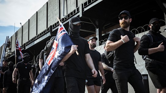 Neo-Nazis marching through Melbourne in 2023.