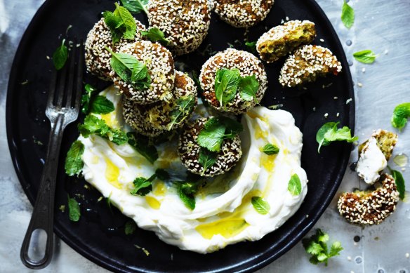 Neil Perry’s broad bean falafels with mint labneh.