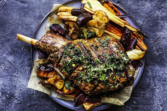 Karen Martini's leg of lamb roasted on root vegetables 