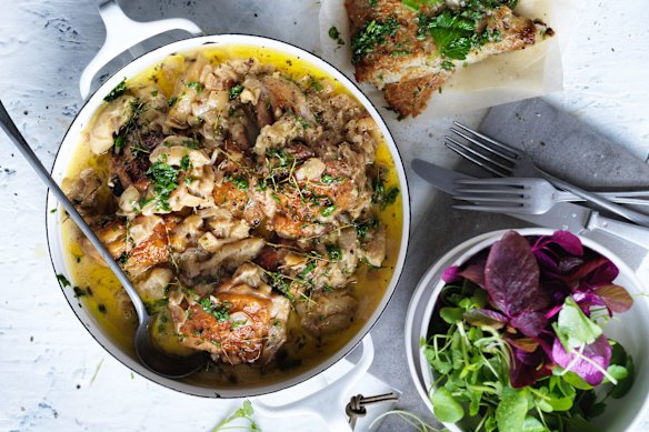 Chicken and apples cooked in cider.