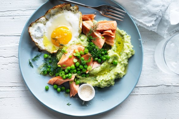 Jill Dupleix’s ocean trout with green mash, peas and a fried egg.