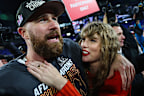 Travis Kelce, left, and Taylor Swift after the AFC Championship Game in January.