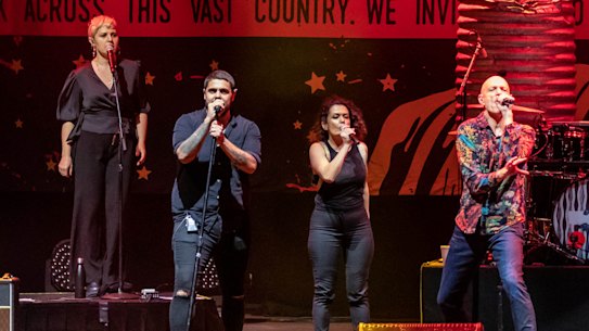 Midnight Oil on stage at Mt Duneed, in front of 13,000 Victorian music fans.