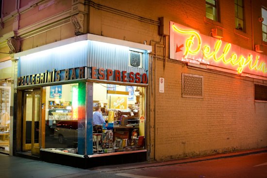 Outside Pellegrini’s Espresso Bar.