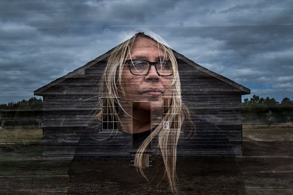 Gunditjmara elder Aunty Donna Wright and the old dormitory at Lake Condah Mission. Her mother Eunice Wright and aunt Gloria were stolen while walking home from school to the mission in 1954. “There is a brutal history down here in the south-west – and that needs to be told,” Aunty Donna, a member of the First Peoples’ Assembly of Victoria, says at the site of the Murderers’ Flat massacre. “It was domestic terrorism the way our mob were treated. But there’s this gap in history. This gap in knowledge.”