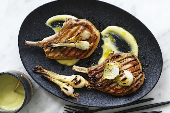 Andrew McConnell’s pork chops with lemon garlic sauce and pickled spring onions.
