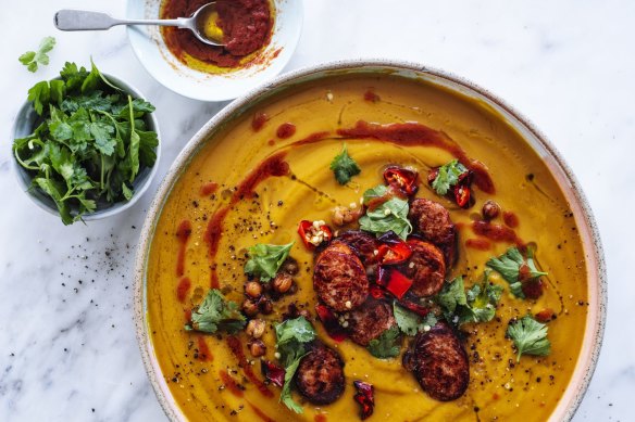 Jill Dupleix’s roast pumpkin soup with chickpeas, sausage and rose harissa.