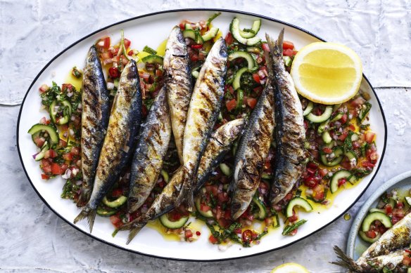 Neil Perry’s barbecued sardines with spicy mint and cucumber salsa.