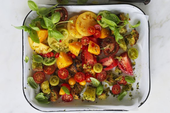 Adam Liaw’s heirloom tomato and bread salad.
