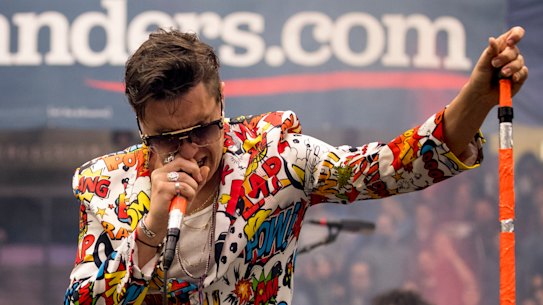 Julian Casablancas, lead singer of The Strokes, performs after Democratic presidential candidate Senator Bernie Sanders in Durham, New Hampshire.