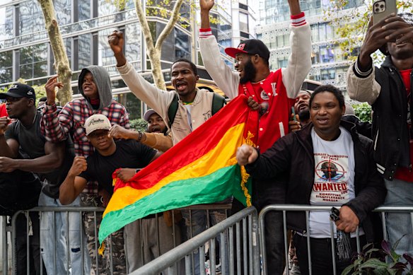Demonstrators protest against Guinean President Mamadi Doumbouya outside of the United Nations headquarters during the United Nations General Assembly, Wednesday, Sept. 23, 2026, in New York.