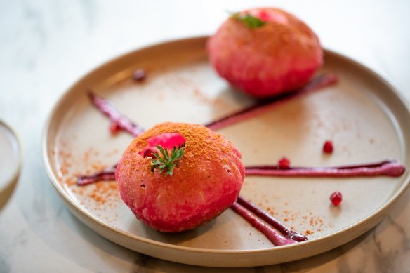 Foreign Return’s Raj kachori reinterpreted as pink semolina domes with chickpeas, yoghurt, pomegranate and tamarind.