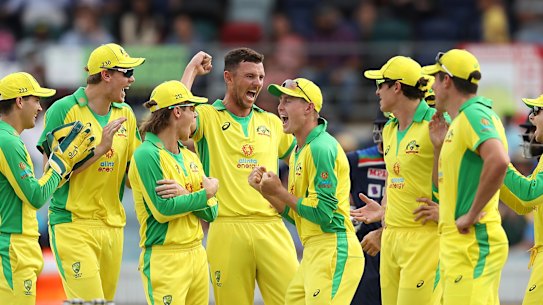 The Australian team celebrate the wicket of Virat Kohli in Canberra on Wednesday. A far bigger contest is playing out behind the scenes.