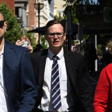 Defence lawyer Paul Yovich leads his team into court on day one of the Claremont serial killer trial. 