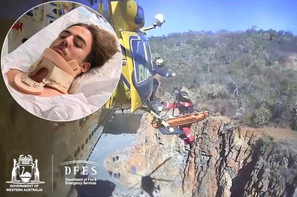 Vision shows Robert Reeves being airlifted to safety after falling down the Old Barrington Quarry in Martin, 30 kilometres from Perth.