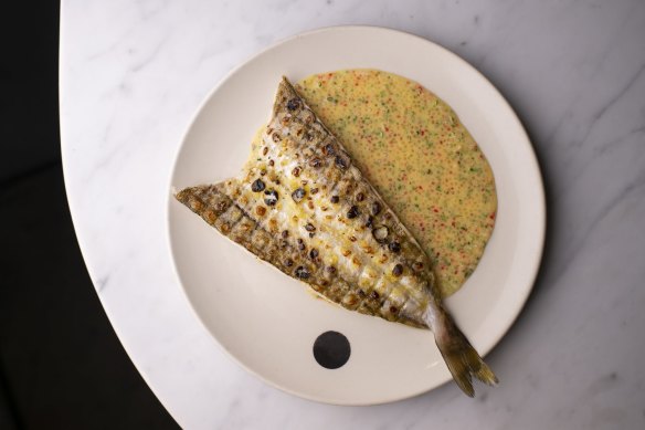 King George whiting with sudachi and finger lime sauce at Saint Peter in 2020.