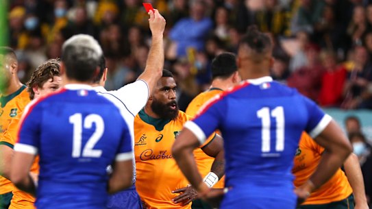 Marika Koroibete is sent off early in the deciding third Test against France at Suncorp Stadium on Saturday.