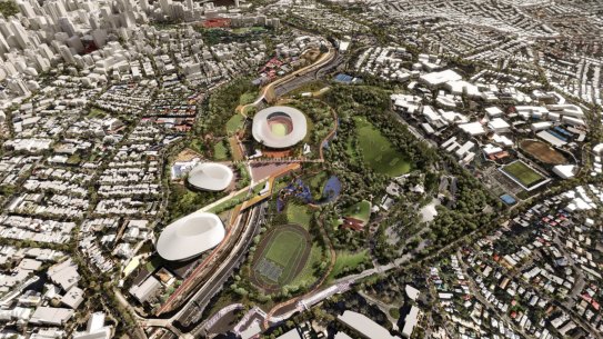 From top, Archipelago’s proposed Olympic stadium, new aquatic centre and new arena at Victoria Park.