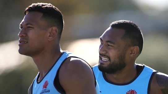Bond: Former Waratahs teammates Israel Folau and Sekope Kepu.