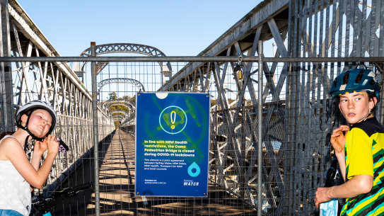 Laura, 11, and Owen, 13, from Oatley who often ride over the bridge but now can’t as its locked. 