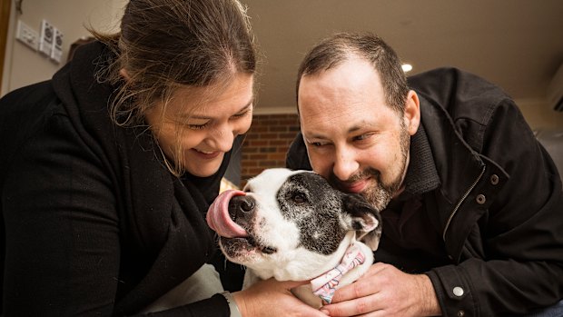 Sarah Fleming and Ben Macaulay and their adopted dog Frankie.