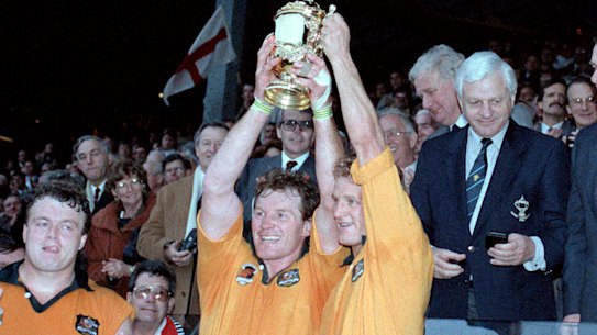 Nick Farr Jones with the Rugby World Cup trophy in 1991.