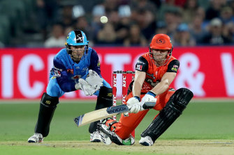 Cameron Bancroft of the Scorchers plays a shot at Adelaide Oval.