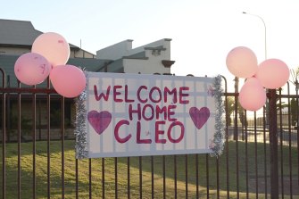 Signs around Carnarvon celebrate the return of four-year-old Cleo Smith. 